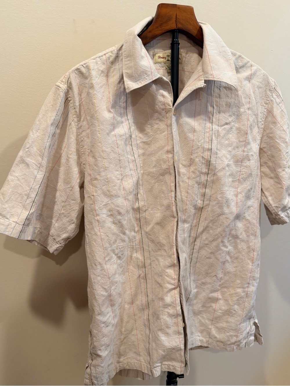Tommy Bahama Mens L 100% Cotton White Pastel Stripe Short Sleeve Shirt